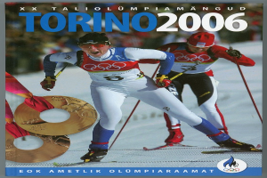 Ein Plakat der Olympischen Spiele 2006 in Turin, Italien, das zwei Skifahrer auf dem Schnee mit "Torino 2006" zeigt.