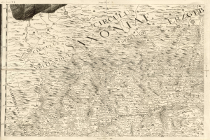 Ein detaillierter alter Stadtplan von Sachsen, Deutschland, der geografische Merkmale wie Flüsse, Berge und Städte zeigt, mit begleitendem Text, der Informationen über die Region und ihre Bewohner liefert.