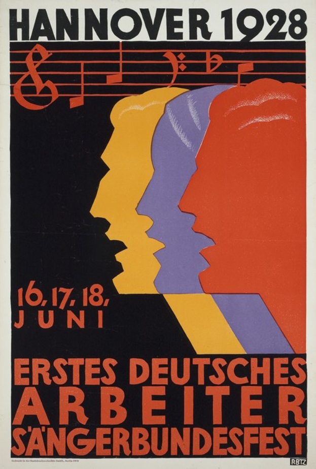 Plakat für das 1928er Hannover Erstes Deutsches Arbeiter Sangerbundesfest, mit drei zentralen Figuren und Textangaben.
