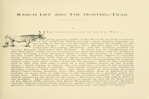 Ein aufgeschlagenes Buch mit einer realistischen Zeichnung einer Kuh und der fett gedruckten Überschrift "Ranch Life and the Hunting-Trail" darunter.