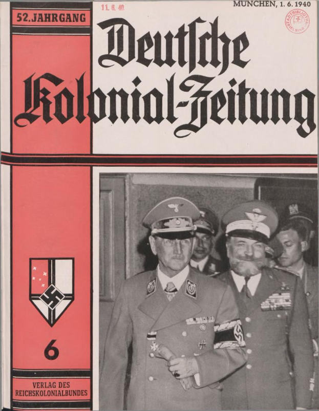 Ein Buchumschlag mit Adolf Hitler umgeben von Menschen in M├╝tzen, betitelt mit "Deutsches Kolonial-Feitung" und datiert auf 11/1940.
