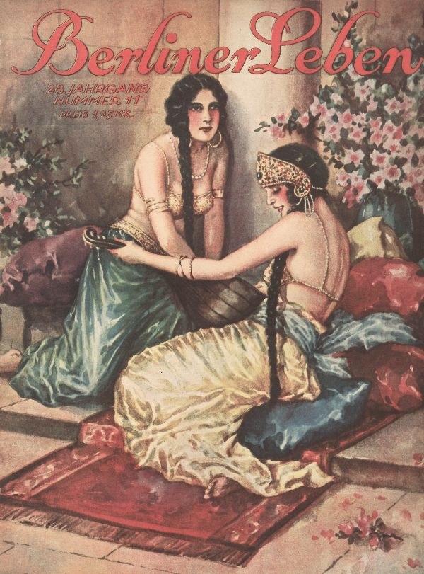 Plakat mit zwei Frauen auf einem Bett mit Kissen und Topfpflanzen aus der Oktoberausgabe 1931 der Berliner Leben Zeitschrift.