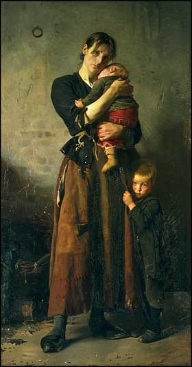 Gem├Ąlde mit dem Titel "Mutter und Kind" von Jean-Honore Fragonard, das eine Frau zeigt, die ein Baby in den Armen h├Ąlt und ein Kind neben sich steht, vor einem Hintergrund mit verstreuten Gegenst├Ąnden an einer Wand.