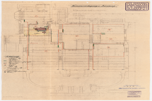 Ein detaillierter architektonischer Grundriss des Rosenhof-Krankenhauses in Hamburg, Deutschland, der den Aufbau des Gebäudes mit zahlreichen Drähten und Text zeigt, der Räume, Flure und andere Merkmale beschreibt.