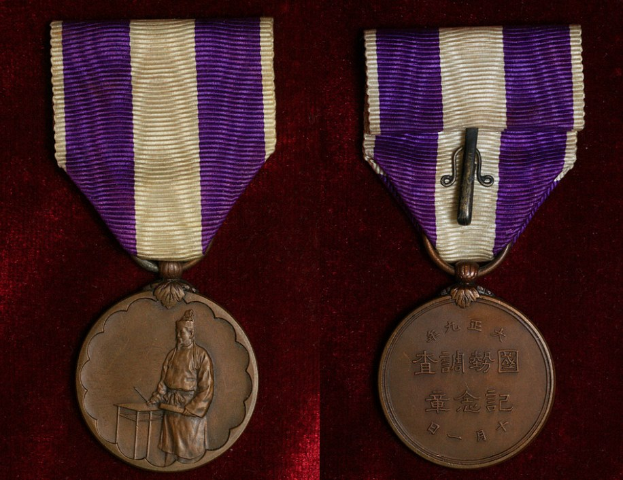 Zwei Medaillen mit lila und weißen Bändern, die beschrifteten Text aufweisen, auf einer maronenfarbenen Oberfläche ruhend.