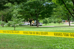Ein grasbewachsener Bereich mit gelbem Polizeiabsperrband in der Mitte, umgeben von Bäumen und Fahrzeugen auf der Straße, wahrscheinlich der Tatort eines Schusses in einem Park.