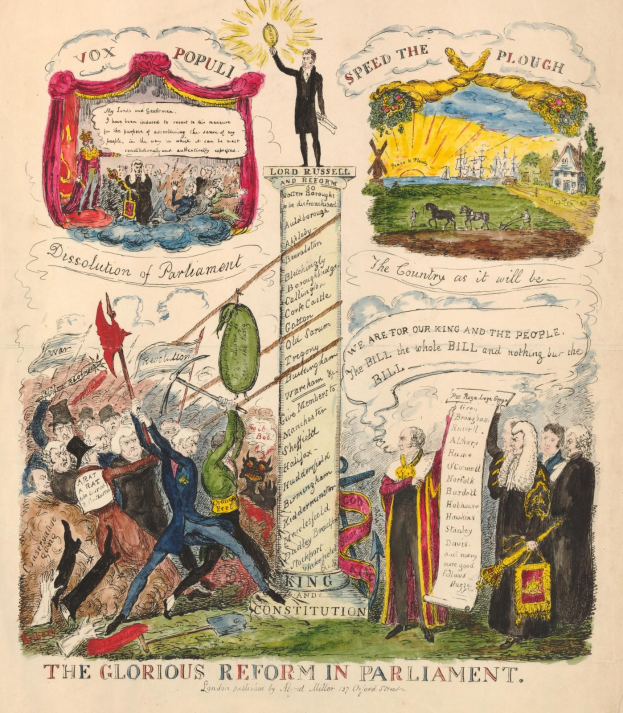 Eine bunte Papierreformulierung, die Parlamentsreform zeigt, mit verschiedenen, lächelnden Menschen und fettem Text, symbolisiert Fortschritt und Hoffnung.