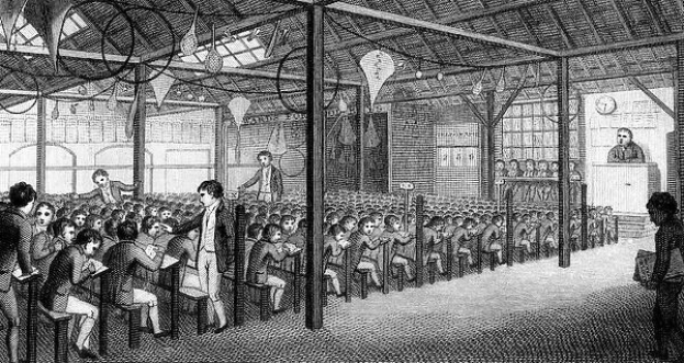 Schwarze und weiße Zeichnung eines Klassenzimmers mit sitzenden und stehenden Personen, Pfosten, Lampen, einer Wanduhr und Text unten, der "The School of Economics, London, England" lautet.