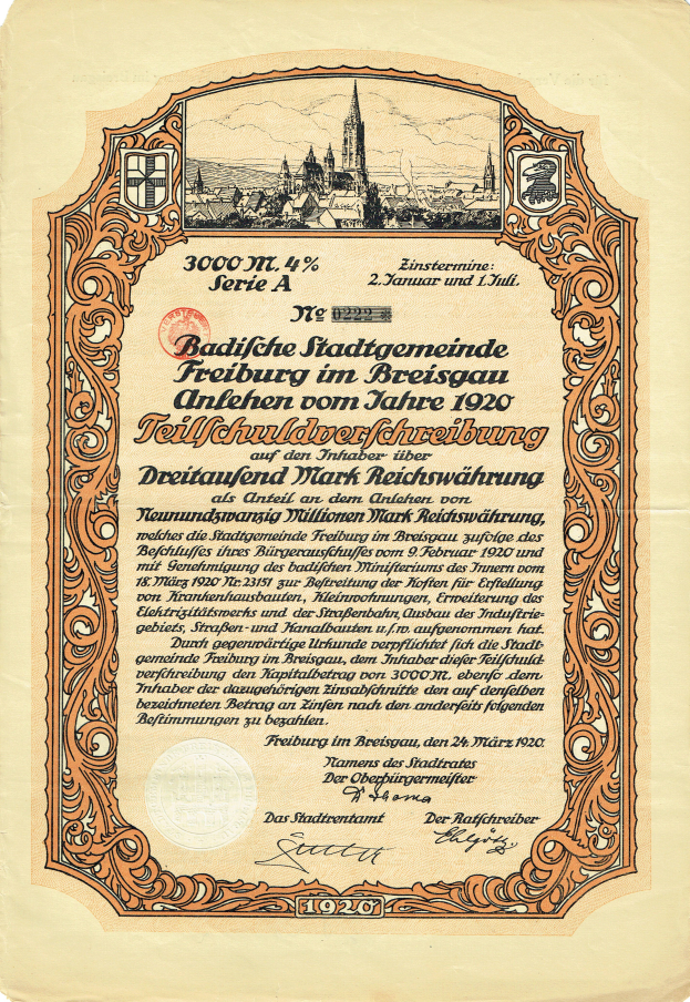 Ein altes deutsches Aktienzertifikat mit einer Stadtansicht-Illustration und gedrucktem Text über die Herkunft des Aktien.