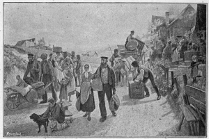 Eine Gruppe von Menschen, einige mit Taschen, geht einen Schotterweg entlang mit einem von einem Hund und einem Pferdewagen gezogenen Wagen, mit Häusern und einem klaren Himmel im Hintergrund; Text unten lautet "Deutsche Flüchtlinge in Deutschland".