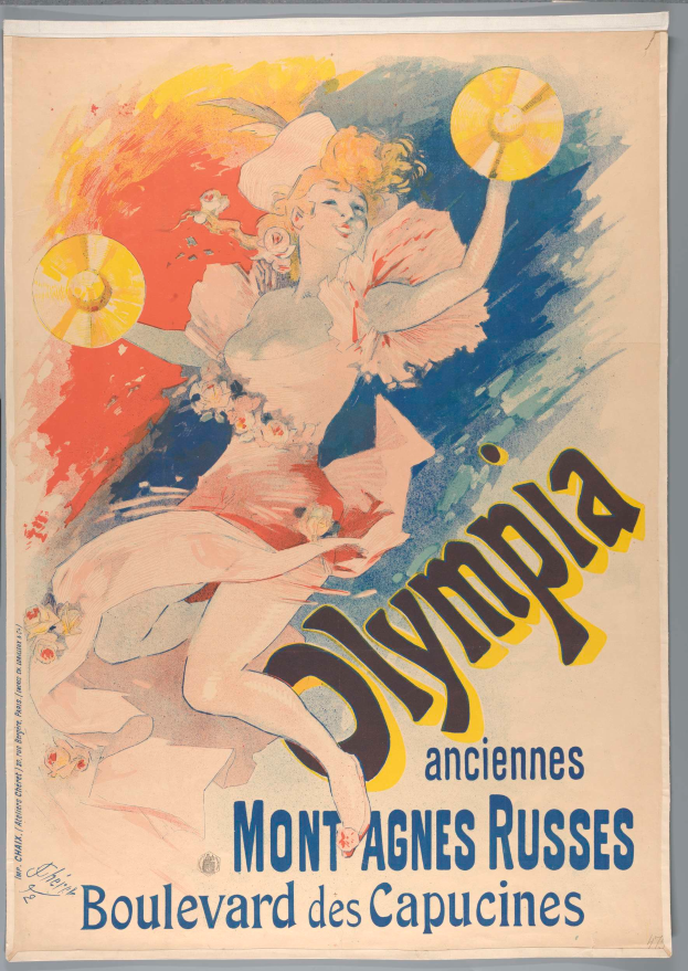 Ein Plakat, das die Olympischen Spiele in Mont-Agnes-Russes, Frankreich, ankündigt und eine Frau mit einem menschlichen Gesicht zeigt, die ein farbenfrohes Kleid trägt und einen Fächer hält, mit Text, der das Ereignis beschreibt.