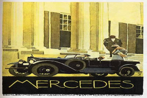 Vintage-Mercedes-Benz-Plakat aus den 1920er Jahren mit einem klassischen Auto vor einem modernen Gl├Ąserturm, mit zwei Personen im Auto und fetter schwarzer Schrift, die unten 'Mercedes-Benz' liest.