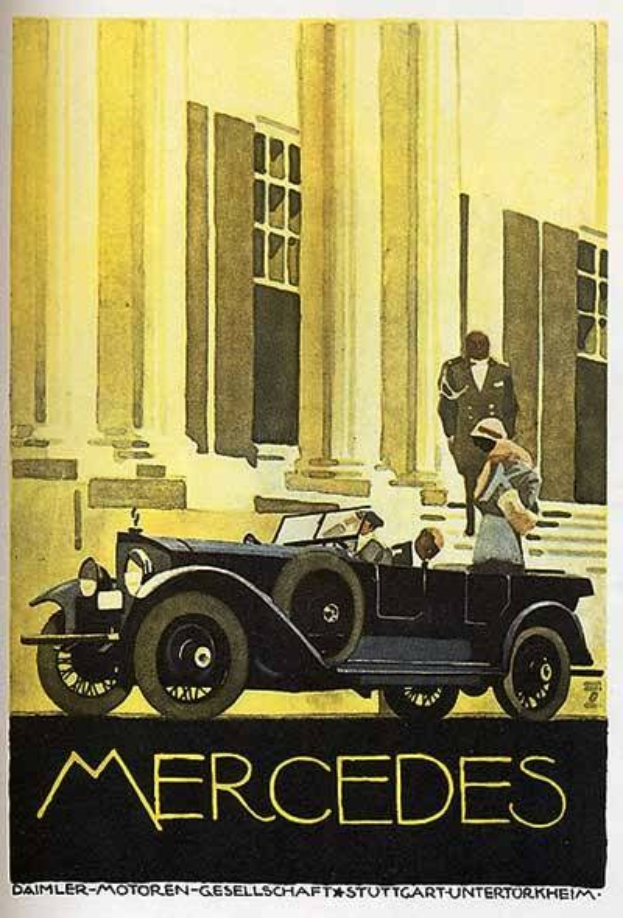 Vintage-Mercedes-Benz-Plakat aus den 1920er Jahren mit einem klassischen Auto vor einem modernen Gl├Ąserturm, mit zwei Personen im Auto und fetter schwarzer Schrift, die unten 'Mercedes-Benz' liest.