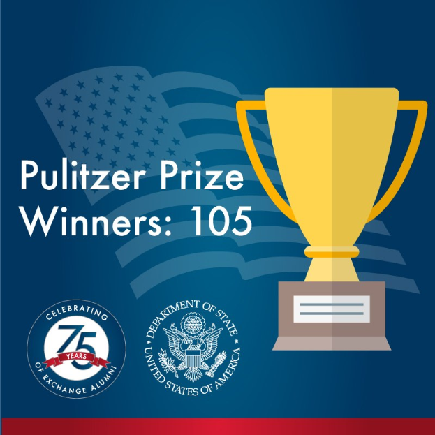 Ein Plakat mit einem zentralen Becher-Symbol, umgeben von Text und Logos, mit der Aufschrift "Pulitzer-Preisträger 105".