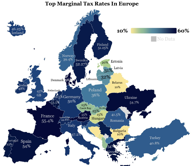 Eine Europakarte mit Farben, die die Spitzensteuersätze in jedem Land anzeigen, mit der Überschrift "Spitzensteuersätze in Europa."