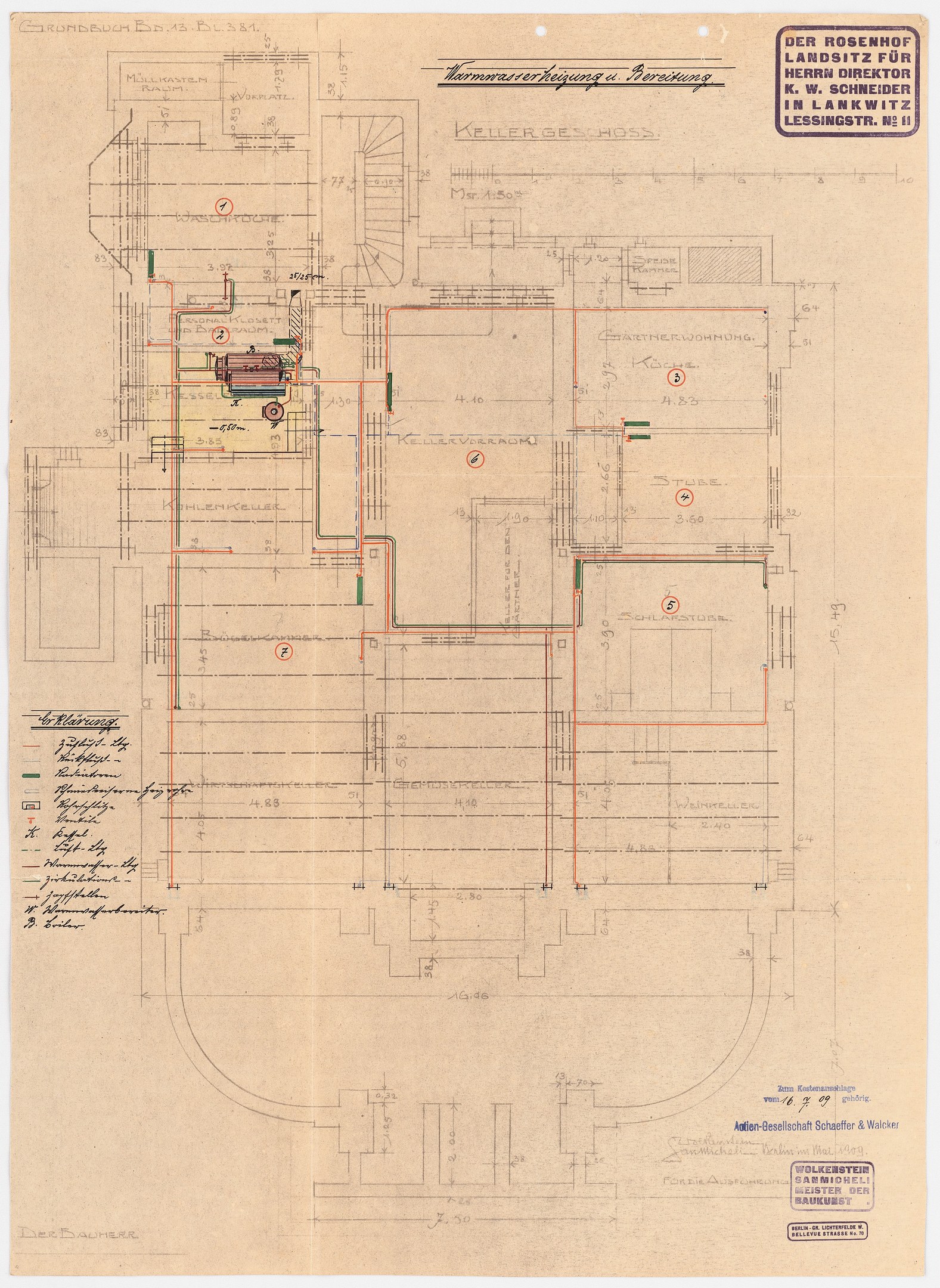 Schwarz-weißer Architekturplan des Rosenhof-Krankenhauses in Hamburg, Deutschland, mit detaillierten Grundrissen mit beschrifteten Räumen, Fluren und umfangreicher Verkabelung an der Außenseite.