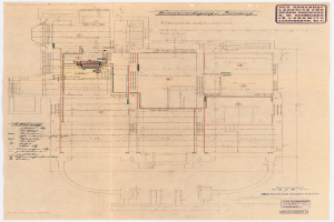 Schwarz-weißer Architekturplan des Rosenhof-Krankenhauses in Hamburg, Deutschland, mit detaillierten Grundrissen mit beschrifteten Räumen, Fluren und umfangreicher Verkabelung an der Außenseite.
