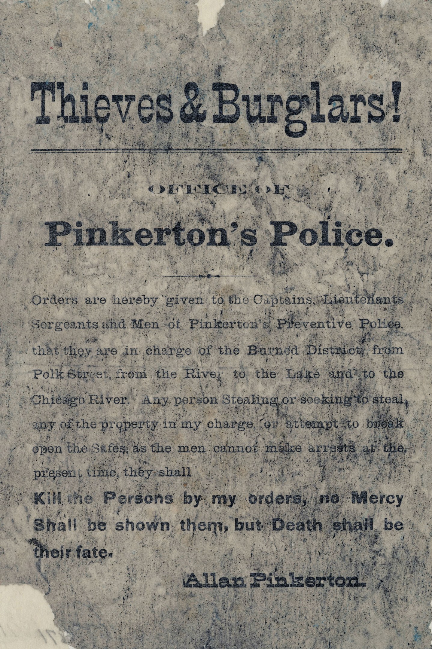 Plakat mit fetter schwarzer Schrift "Diebe & Einbrecher Pinkertons Polizei" auf weißem Hintergrund, umrahmt von einem schmalen schwarzen Rand.