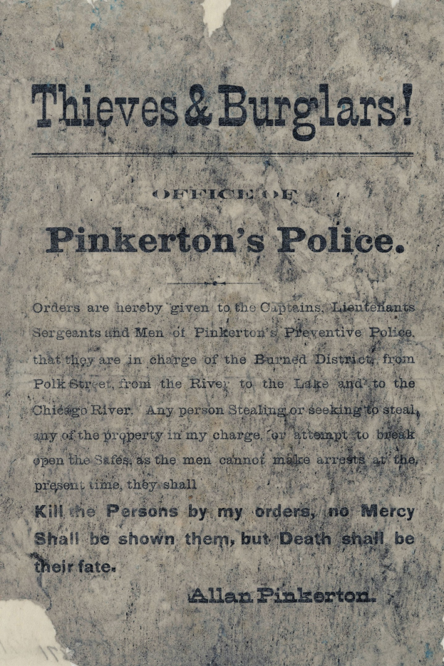 Plakat mit fetter schwarzer Schrift "Diebe & Einbrecher Pinkertons Polizei" auf weißem Hintergrund, umrahmt von einem schmalen schwarzen Rand.