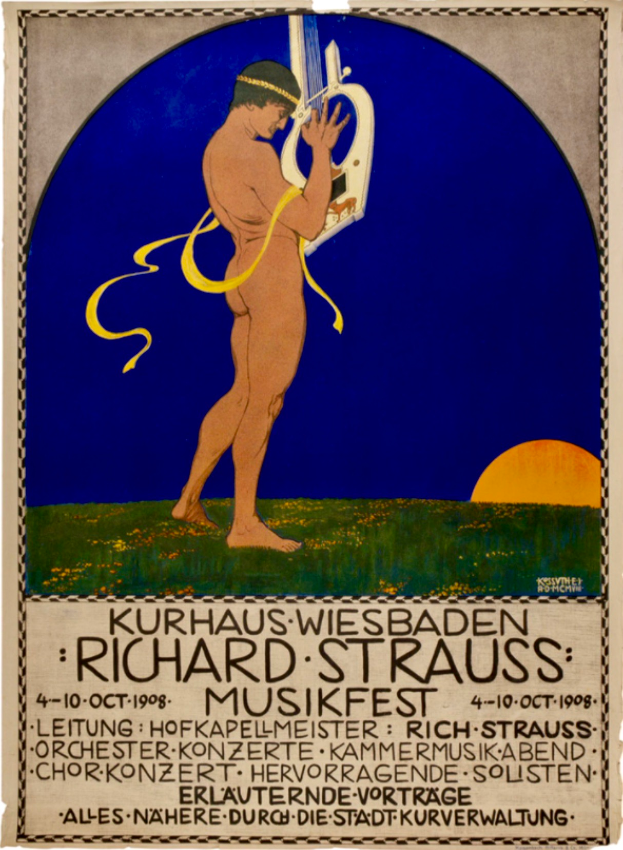 Ein Plakat für das Richard-Strauss-Musikfest, das einen Mann zeigt, der ein Musikinstrument spielt, mit Text, der Informationen zum Event enthält.