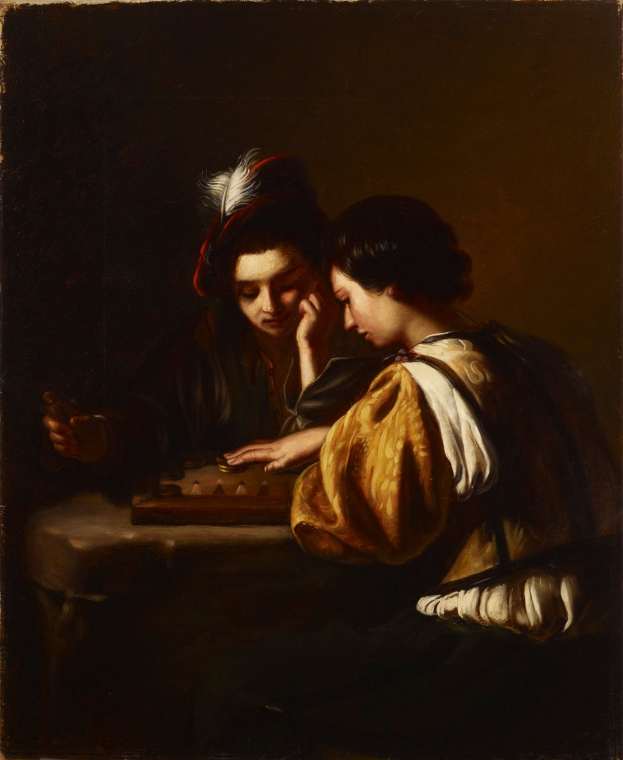 Ein Gemälde von zwei Frauen in traditioneller Kleidung, eine in einem weißen Kleid und die andere in einem schwarzen Anzug, die Schach auf einem Brett spielen, mit einem tiefblauen sternenklaren Hintergrund.