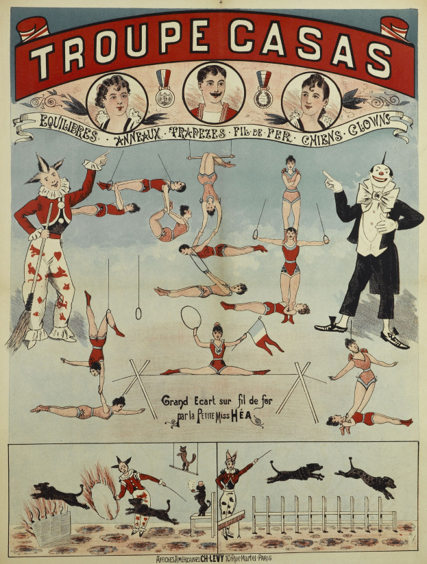 Zirkusplakat mit dem Titel 'Troupe Casas', das Künstler in bunten Kostümen und Masken sowie Tierbilder zeigt und ein Ereignis in Paris ankündigt.