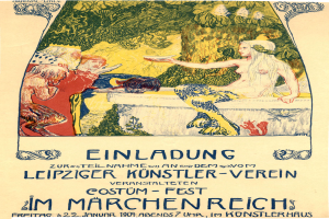Ein Plakat, das ein Festival in München ankündigt und ein Gemälde einer Frau mit menschlichem Gesicht zeigt, umgeben von anderen Menschen und Bäumen mit Text darauf.