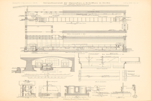 Eine Seite aus einem Buch mit detaillierten Architekturzeichnungen und Text eines Gebäudes.
