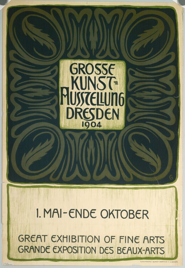 Plakat für die Große Ausstellung der Schönen Künste auf der Grand Exposition des Beaux-Arts in Dresden, Deutschland, 1904, mit fettgedrucktem Text, der das Ereignis ankündigt.