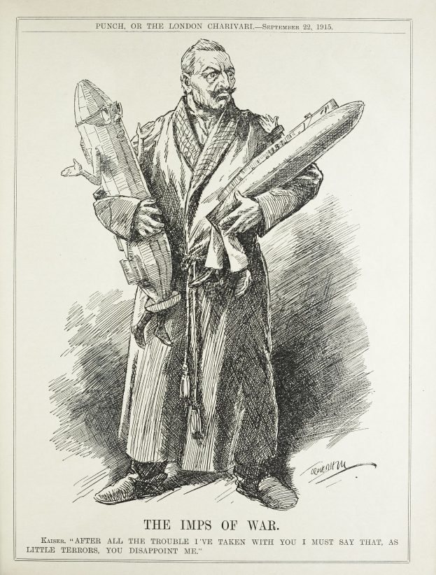 Ein altes Buch mit einer Zeichnung eines Mannes, der eine Rakete hält, mit der Aufschrift "Die Kriegsgeister" auf der Seite.