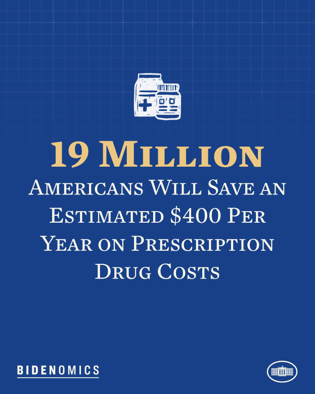 Ein blauer Hintergrund mit wei├čer Schrift und einem Logo, das "19 Millionen Amerikaner werden sch├Ątzungsweise 400 US-Dollar pro Jahr an Arzneikosten sparen" lautet.
