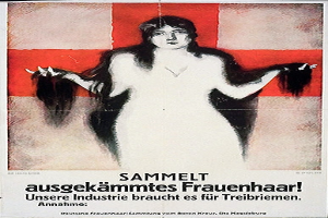 Ein deutscher Propagandaplakat mit einer Frau mit langen Haaren, mit Text, der wahrscheinlich Informationen über sie enthält.