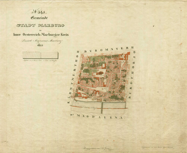 Detailierte alte Stadtplan von Stadt Marburg mit Straßen, Gebäuden, Sehenswürdigkeiten und Text mit Bevölkerungs- und Standortinformationen.