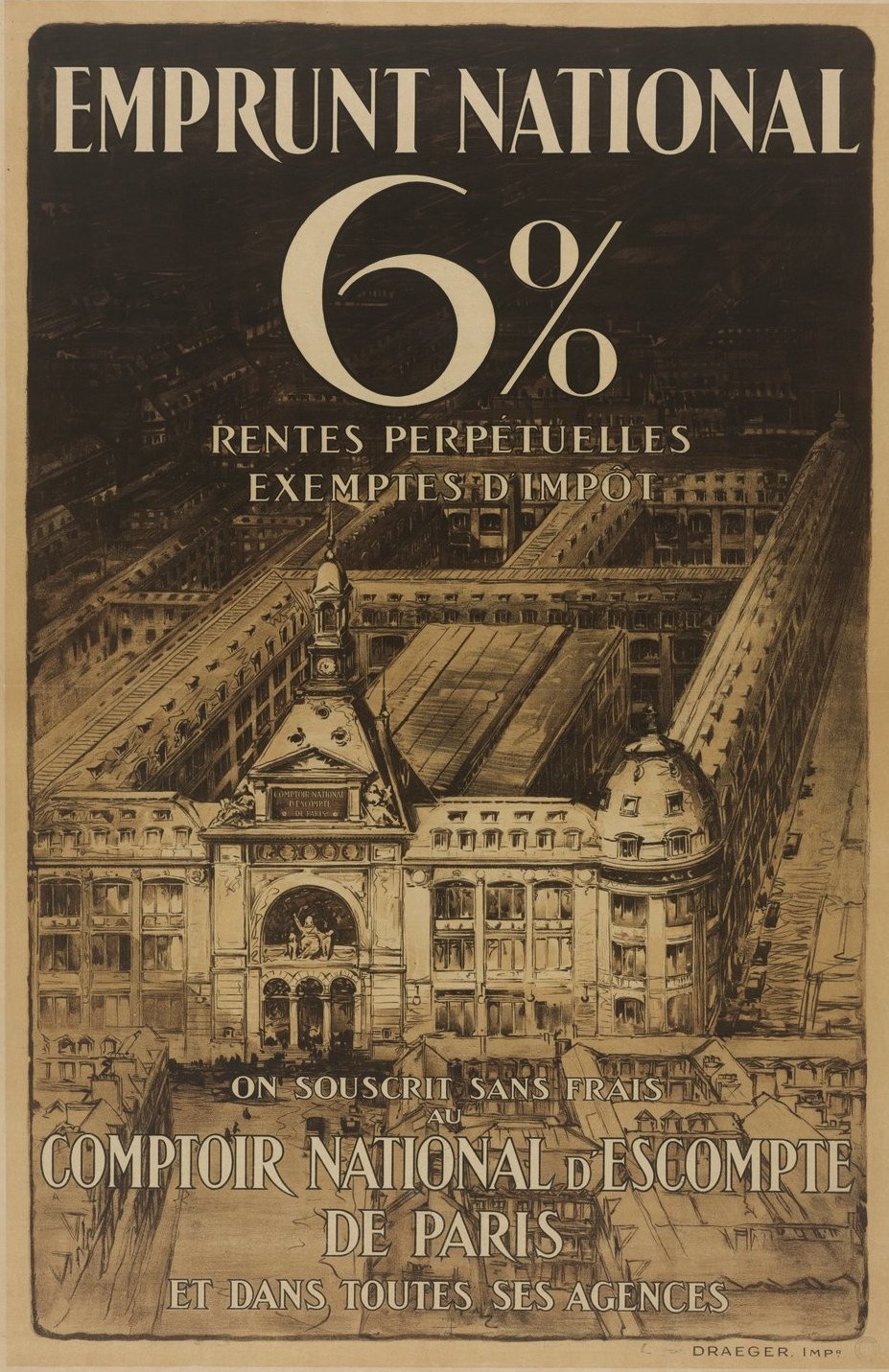Ein Plakat mit einem zweistöckigen Gebäude mit rotem Dach und weißen Wänden, begleitet von fetter schwarzer Schrift, die "emprunt national 6% - rentes perpetuelles exemptes impot" auf einem hellblauen Hintergrund liest.