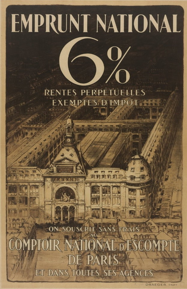 Ein Plakat mit einem zweistöckigen Gebäude mit rotem Dach und weißen Wänden, begleitet von fetter schwarzer Schrift, die "emprunt national 6% - rentes perpetuelles exemptes impot" auf einem hellblauen Hintergrund liest.