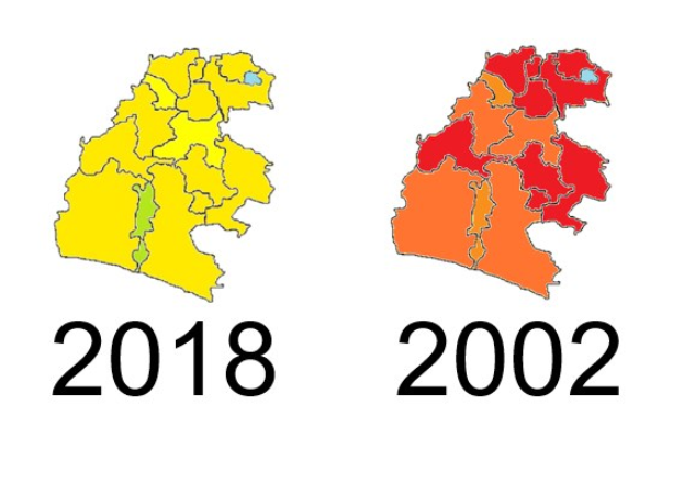 Karte von Deutschland, die die provinziellen Grenzen von 2002 in rot, 2018 in gelb und überlappende Regionen in orange gegen einen weißen Hintergrund mit Text hervorhebt.