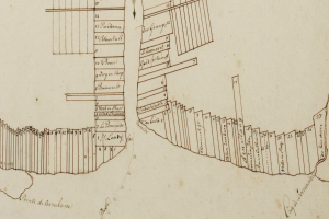 Ausführliche Stadtkarte aus dem 17. Jahrhundert mit Gebäuden, Straßen und umliegenden Gebieten sowie Text mit Namen und Entfernungen.