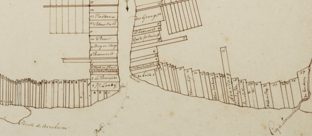Ausführliche Stadtkarte aus dem 17. Jahrhundert mit Gebäuden, Straßen und umliegenden Gebieten sowie Text mit Namen und Entfernungen.