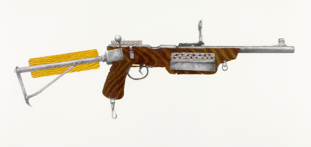 Ein Gewehr wird gegen einen einfarbigen Hintergrund gezeigt.