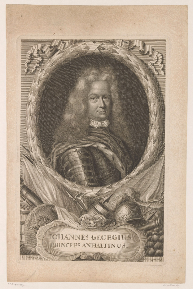 Schwarz-weißer Stich von Johannes Georgius, Prinz von Anhaltinus, mit einem zentralen menschlichen Gesicht und Text unten.