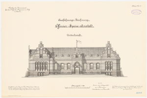 Eine Zeichnung des Hauptsaals des Deutschen Parlaments in Berlin mit einer Flagge oben drauf und begleitendem Text.