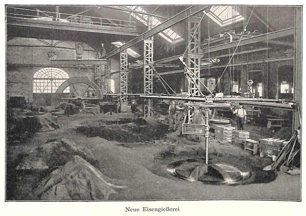 Ein altes Schwarz-Weiß-Foto einer Fabrik mit Arbeitern, die eine Maschine bedienen, umgeben von Metallstangen und -pfosten, mit dem Text "Neue Eisengießerei, die erste Fabrik Deutschlands" unten.