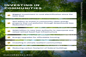 Plakat mit Bäumen und Himmel im Hintergrund und Text, der "Investing in Communities: Biggest Investment in Rural Electricity Since the New Deal" lautet.