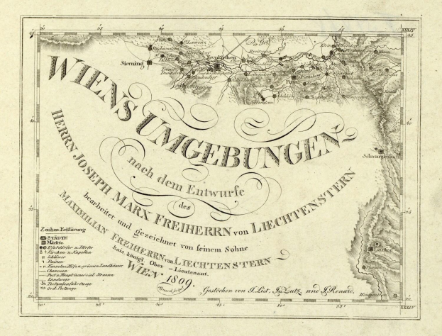 Ein detaillierter alter Stadtplan von Wien, Deutschland, der geografische Merkmale, Städte, Ortschaften und Text mit Informationen zur Bevölkerung, Straßen und Sehenswürdigkeiten zeigt.