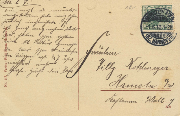 Alte Postkarte mit einer Briefmarke, die "Hannover, Deutschland - Einschreiben nach Hannover - 1d/1d" und handgeschriebener Text, Briefmarke oben rechts.