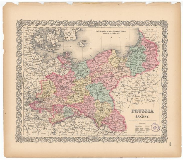 Alte gedruckte Karte zeigt die Grenzen von Preußen und Sachsen auf vergilbtem Papier.