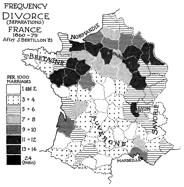 Schwarze und weiße Karte von Frankreich mit Text und Zahlen, die die Scheidungsfrequenz anzeigen.