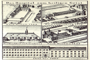 Detailgenauer Entwurf eines deutschen Krankenhauses auf einem Plakat, einschließlich Gebäude mit Fenstern, Türen und Balkonen, begleitet von erklärendem Text.