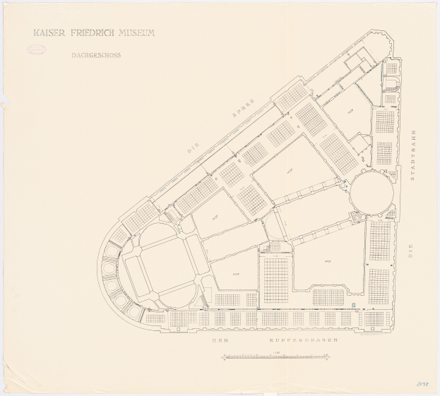 Ein detaillierter Lageplan des Kaiser Friedrich Museums in Dresden, Deutschland, mit beschrifteten Zimmern, Fluren und anderen Merkmalen.