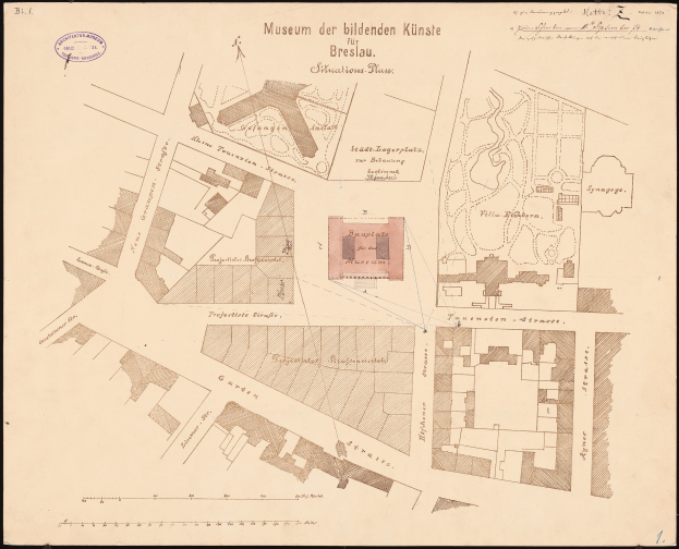 Ein altes Stadtplan von Breslau, Deutschland, auf einem schwarzen Hintergrund, der Gebäude, Straßen und Text zeigt, der den Standort des Museums angibt.